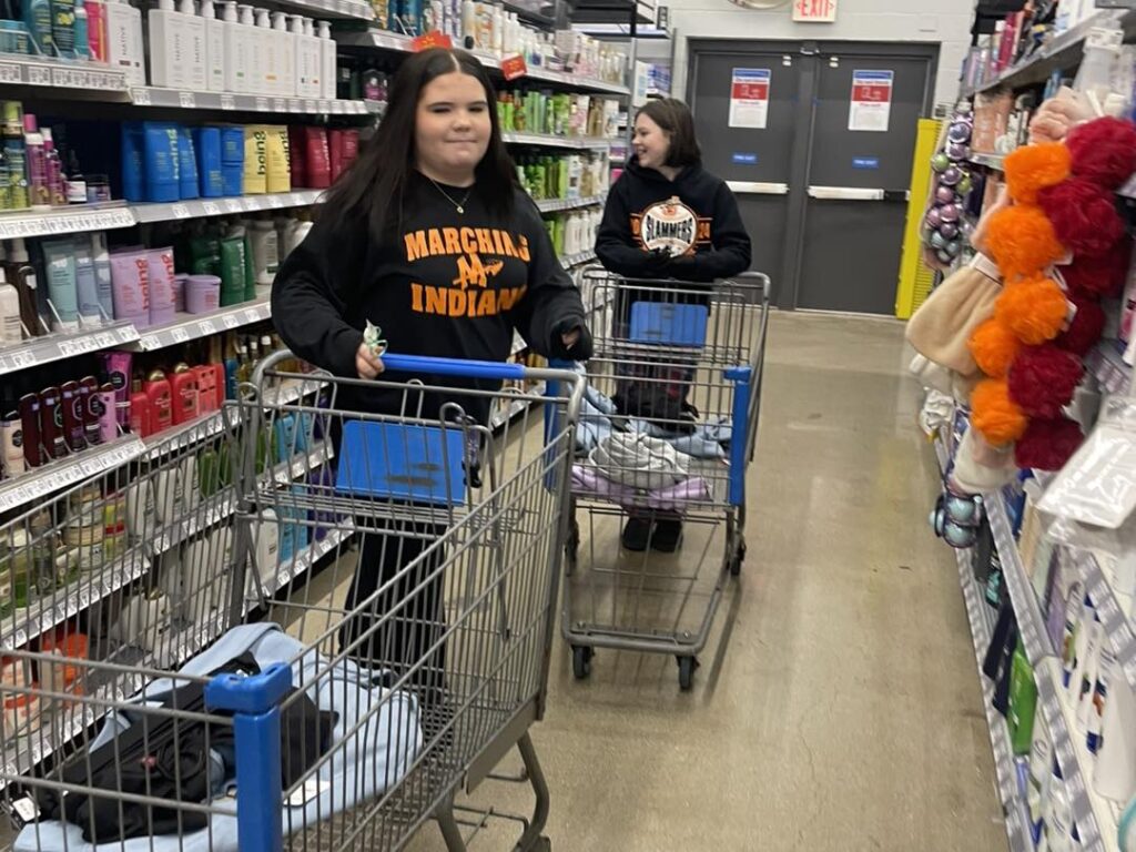 Two people shopping in a store aisle with carts.