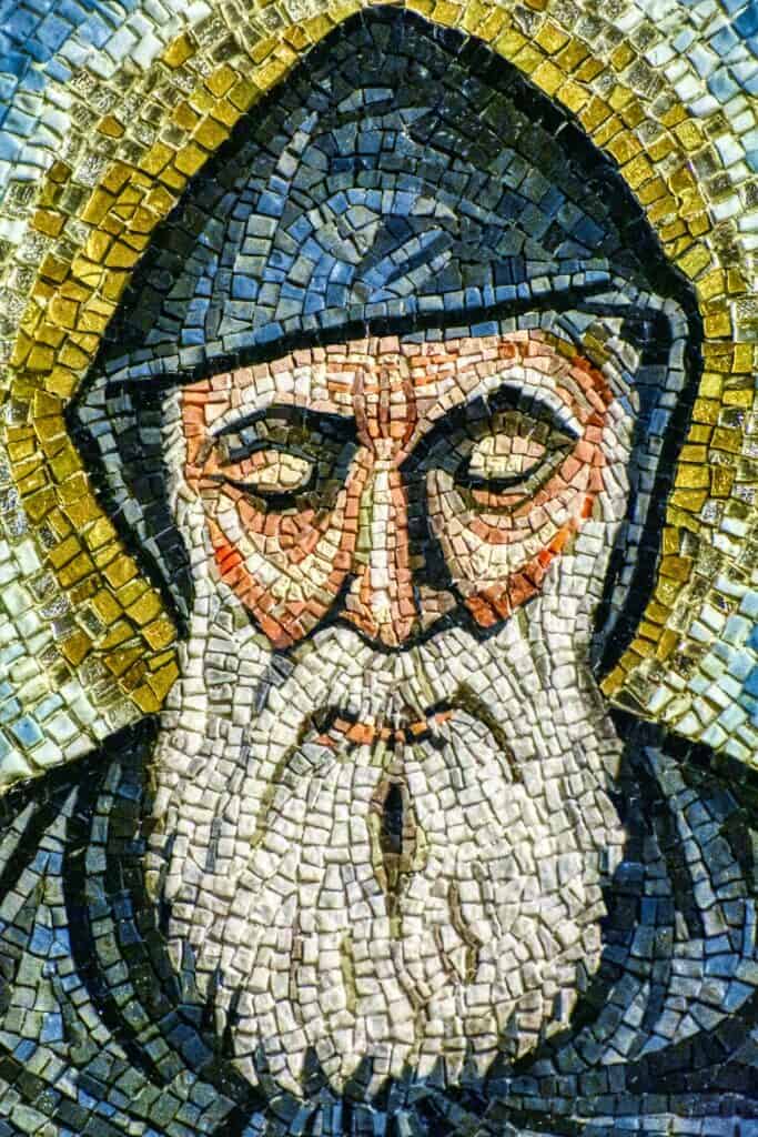 Mosaic of religious figure with halo.