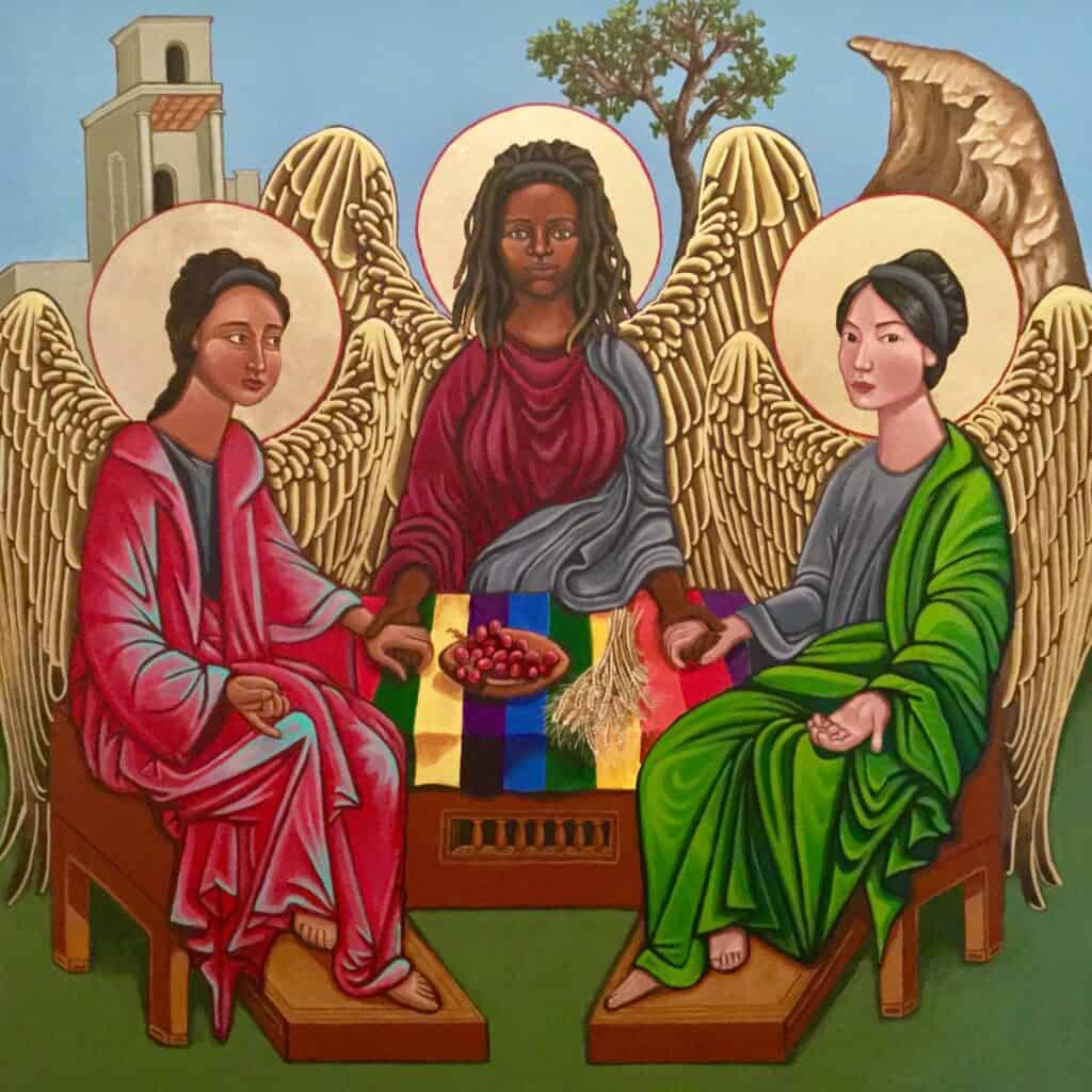 Three angels seated at table with halos